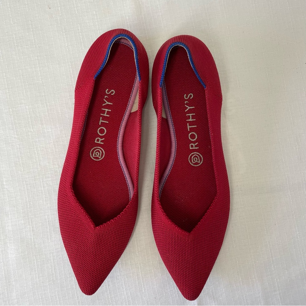 Rothy's chili red pointed toe slip on ballet flat woven shoes